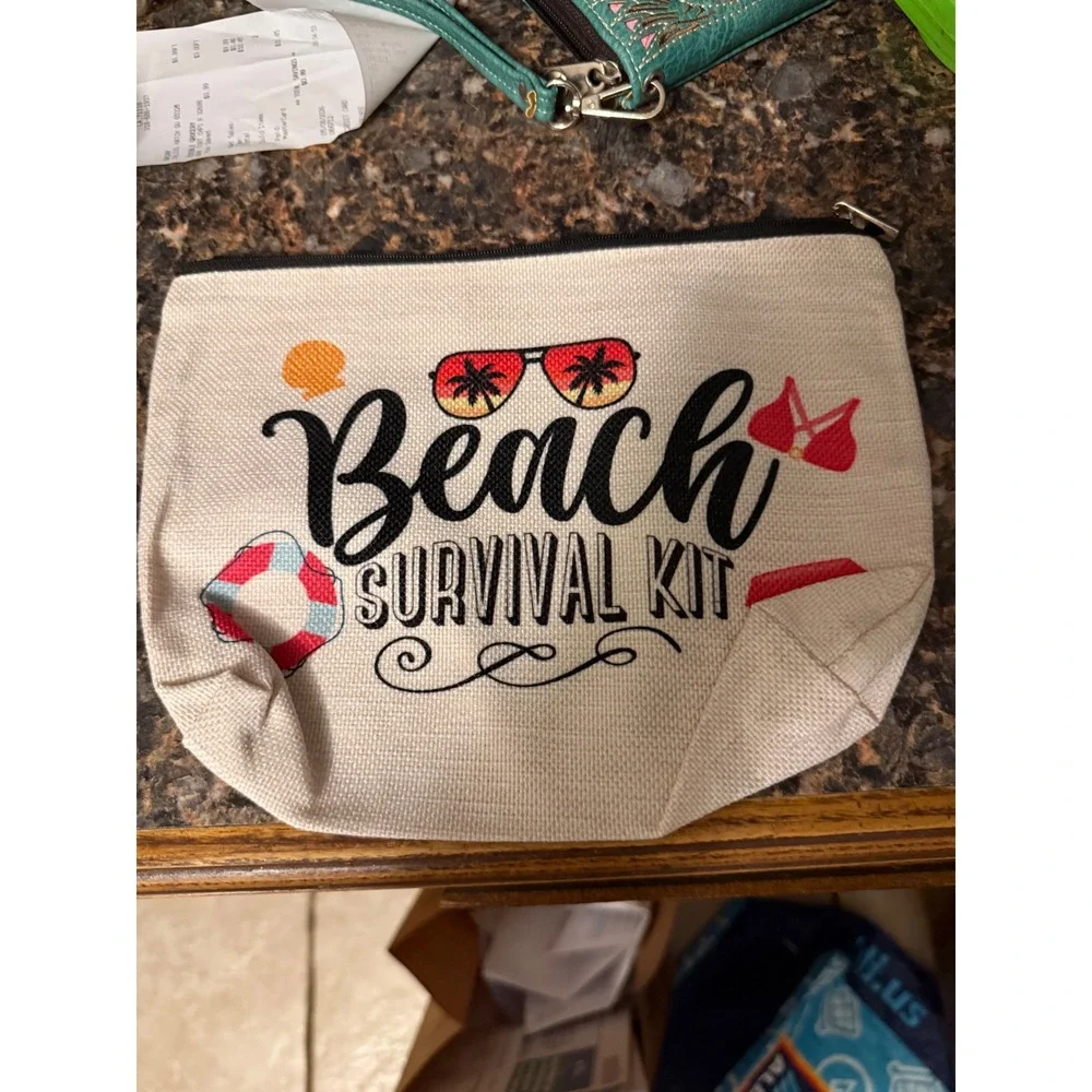 Beach Survival Kit Makeup‎ Bag Linen Zipper Pouch Summer Travel Cosmetic Case